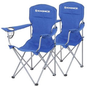 Conjunto de 2 cadeiras de acampamento dobráveis SONGMICS, estrutura confortável e resistente, capacidade máxima de carga de 150 kg, com porta-copos, cadeiras para áreas externas, azul GCB08BU