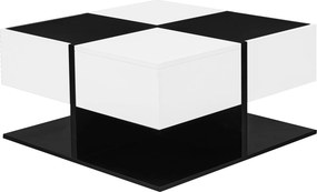 Mesa de centro com 2 gavetas, mesa quadrada de sala de estar com arrumação, 70x70x35,5 cm, Preto+Branco