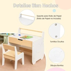 Conjunto de mesa e cadeira infantil de madeira 2 em 1 para crianças com tabuleiro removível, branco