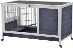 Coelheira de interior, gaiola com teto abrível, Rodas, tabuleiro removível e rampa, gaiola de madeira para coelhos, 90 x 53 x 59 cm, cinzento escuro e