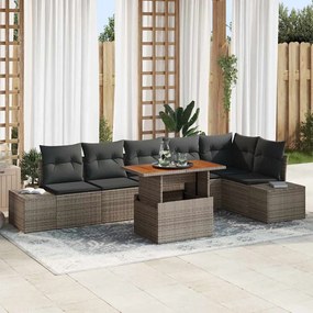 vidaXL Conjunto de Jantar de Jardim de 7 Peças com Almofadas Cinzas em Rattan Polipropileno e Acácia