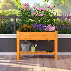 Floreira elevada em madeira com pés Floreira elevada com estante e drenagem Recipiente para flores e ervas aromáticas 120 x 60 x 80 cm Café