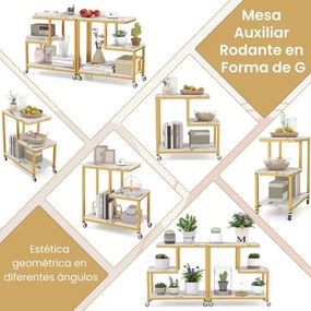 Mesa lateral sala, quarto de 3 níveis com prateleiras abertas e rodas bloqueáveis para sala de estar 59 x 30 x 61 cm Branco e Dourada