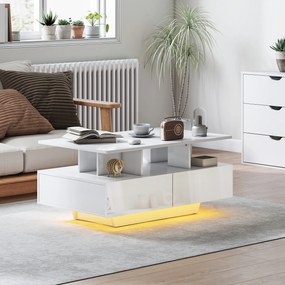Mesa de Centro Moderna com LED 4 Gavetas Prateleira Aberta e Luzes LED de 16 Cores 90x55x41 cm Branco Brilhante