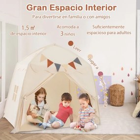 Tenda para crianças 157 x 98 x 148 cm com faixas e luzes de cordas Casa de brincar grande para crianças dos 3 aos 12 anos Bege