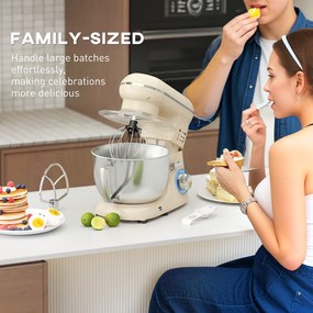 Batedeira Planetária 4,5L 1300W 6 Velocidades Taça de Aço Inoxidável Batedor Gancho Varas Bege