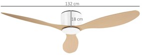 HOMCOM Ventoinha de Teto Motor DC Ø132x18 cm com Controle Remoto 3 Lâminas Reversíveis 6 Velocidades e Temporizador Silencioso para Dormitórios Sala de Jantar Branco e Natural