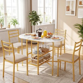 Mesa de jantar extensível e dobrável com 2 extensões rebatíveis 110 x 70 x 76 cm, 2 prateleiras de arrumação e Estrutura metálica para espaços pequeno