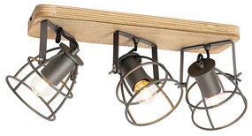 Candeeiro de teto industrial cinzento escuro com madeira ajustável 3-luzes - Arthur Industrial