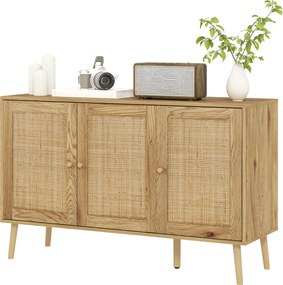 Aparador de sala de estar 120 x 40 x 75 cm com armários com portas em rattan e prateleira ajustável, em madeira natural