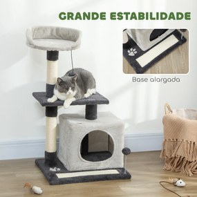 Arranhador para Gatos com Plataformas Caverna Postes Arranhadores Tapete de Sisal e Bolas 48x40x85 cm Cinzento Claro e Preto