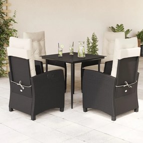 5 pcs conjunto de jantar p/ jardim c/ almofadões vime PE preto