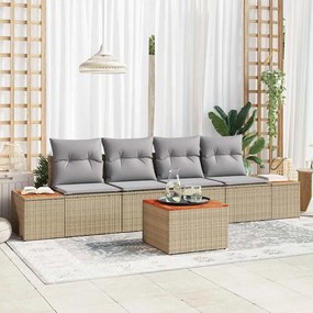 Conjunto de Sofá de Jardim vidaXL 5 Peças com Almofadas Bege Rattan Poly Acácia