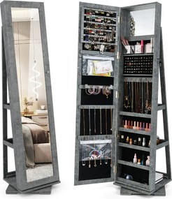 Espelho giratório 360° para joias com espelho de corpo inteiro Organizador de joias com espelho para maquilhagem 39 x 39 x 161 cm Cinza escuro