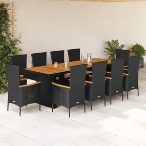 vidaXL 11 pcs conjunto de jantar p/ jardim c/ almofadões vime PE preto