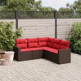 vidaXL 5 pcs conjunto sofás p/ jardim c/ almofadões vime PE castanho