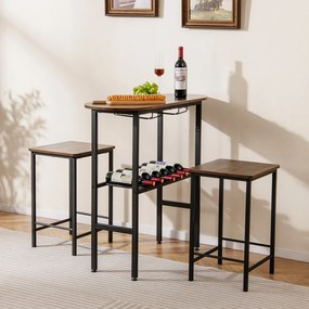 Conjunto de mesa de bar com 2 bancos com suportes para copos de vinho e garrafas, estilo vintage Castanho rústico + Preto