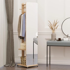 Espelho de pé com rodas 40 (L) x 44,5 (P) x 170 (A) cm Com cabides, 4 ganchos e prateleira em MDF com acabamento em madeira clara