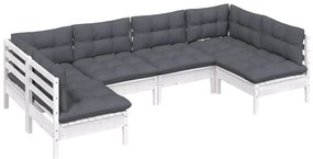 6 pcs conj. lounge de jardim c/ almofadões pinho maciço branco