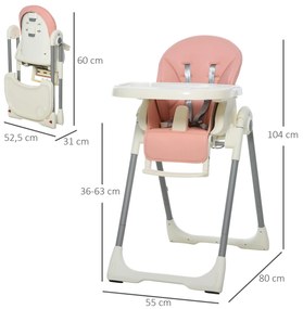 Cadeira de refeição ajustável e dobrável para bebê acima de 6 meses com bandeja dupla 55x80x104 cm Rosa