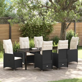 vidaXL Conjunto de Jantar de Jardim 7 Peças com Almofadas Vime PE Preto