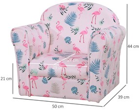 HOMCOM Poltrona para Crianças acima de 3 Anos com Desenhos de Flamingos Estrutura de Madeira e Estofado em Flanela 50x39x44 cm Rosa