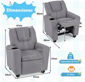 Poltrona reclinável para crianças em veludo, com porta-copos e apoio para os pés ajustável, para sala de estar ou área de jogos, a partir dos 3 anos,