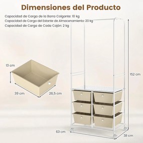 Guarda roupa aberto, 63 x 38 x 152 cm, 6 Gavetas e Rodas com Travão, Branco