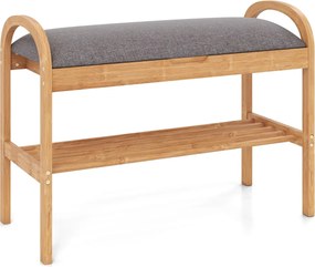 Banco para sapatos em bambu 70 x 31 x 51 cm com 2 níveis, almofada acolchoada e prateleira de arrumação para a entrada, corredor, sala de estar e quar
