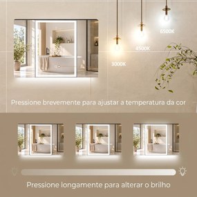 Armário de Casa de Banho com Espelho LED, Tomada, 3 Portas, Antiembaciamento e Prateleiras Ajustáveis, Preto