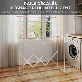 Estendal de roupa dobrável para interior com 3 barras ajustáveis e 4 Rodas, 104-150 x 103 x 145-197 cm, prateado