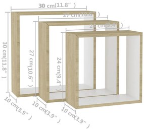 Prateleiras parede forma de cubo 3pcs cm branco/carvalho sonoma