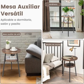 Mesa Auxiliar Redonda de 2 Níveis, 43 x 39 x 55 cm, Arrumação Aberta, Cor Nogueira