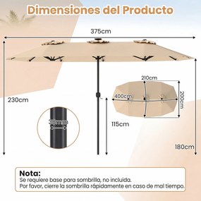 Guarda-sol duplo resistente, 400 x 210 cm (BASE NÃO INLCUIDA), com 108 luzes LED solares, manivela fácil de utilizar e 12 varas de metal, para jardim,