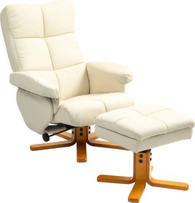 HOMCOM Poltrona Relax com Puff, encosto inclinável até 145°, gira 360°, couro sintético, Creme | Aosom Portugal