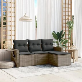 4 pcs conjunto sofás de jardim c/ almofadões vime PE cinzento
