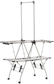 HOMCOM Varal de roupa secador dobrável com rodas grande espaço de secagem aço inoxidável 138,5 x 63 x 208 cm prata preto | Aosom Portugal