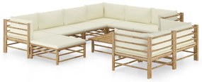 10 pcs conj. lounge jardim em bambu c/ almofadões branco nata
