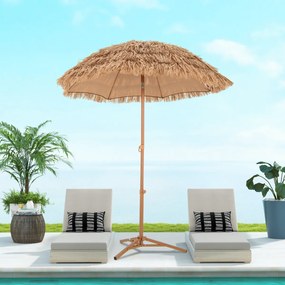 Guarda-sol jardim Tiki de 200 CM estilo havaiano com base 3 pernas dobráveis com botão de inclinação portátil Natural