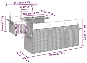 Conjunto de Sofás de Jardim com 6 Peças e Almofadas Pretas de Rattan e