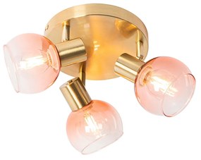 Foco de teto Art Deco dourado com vidro rosa 3 luzes - Vidro