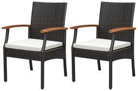 Conjunto de 2 cadeiras de jardim de vime com braços Almofada para exterior de rattan Estrutura metálica Poltronas Pátio Varanda Terraço Castanho misto