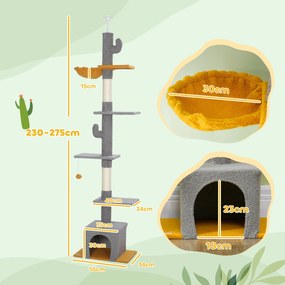 Arranhador para gatos, altura 275 cm, 6 níveis para gatos de interior, do chão ao teto, com plataformas e compartimentos abertos, cinzento claro