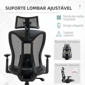 Cadeira de Escritório em Malha com Apoio de Cabeça Ajustável Apoio Lombar e Apoios de Braços 3D 70x66x128 cm Cinza