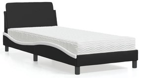 Cama com colchão 90x200 cm couro artificial preto e branco