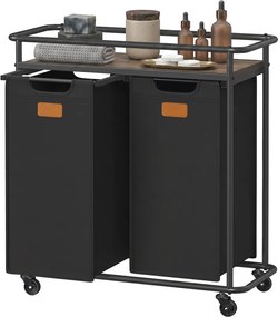 Cesto da roupa suja com 2 compartimentos, rodas e prateleira, 100 L, preto-castanho