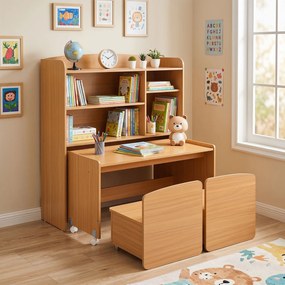 Conjunto Infantil 3 em 1, Armário, Secretária e 2 Cadeiras, 90 x 40 x 94 cm, Com Prateleiras Ajustáveis, Natural
