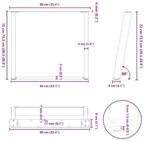 Pés para mesa de jantar em formato de U, 2 peças, aço natural, 90 x (7