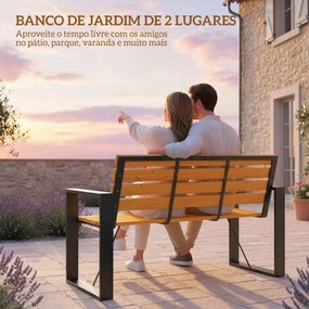 Banco de Jardim Exterior de 2 Lugares com Encosto e Assento Ripado em Madeira e Estrutura de Aço 136x54x82 cm Cor Madeira