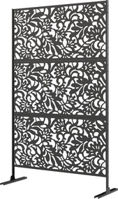 Painel decorativo de proteção visual para exterior, claustra decorativa para jardim, 3 painéis com motivo floral, em aço, 122 x 45 x 198 cm, preto